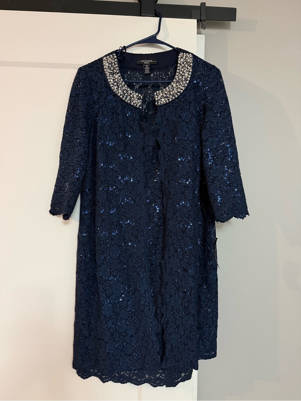 R&M Richards Navy Sequin Lace Evening Dress